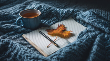 Cozy autumn flat lay composition of gratitude journal with pen, leaf, and cup of tea on warm blue knitted blanket for serene moment