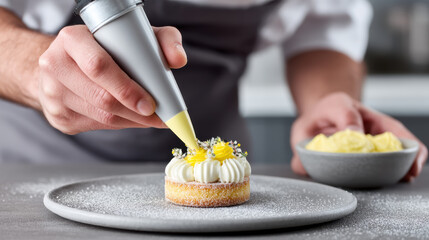 Focused pastry chef hand decorating gourmet dessert cake with piping bag. Professional culinary skill creating sweet delicious cream topping