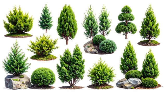 Assorted digitally rendered evergreen trees and shrubbery in various sizes and shapes, isolated on a white background, perfect for landscaping