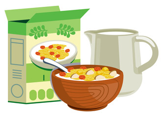 Nut and fruit cereal food vector illustration in wooden bowl with milk pitcher, tasty and healthy meal.