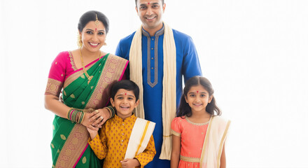 Obraz premium joyful traditional Indian family in festive ethnic attire standing togetherness on white background