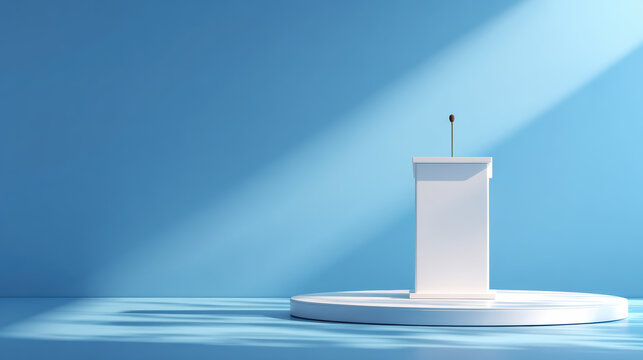 Minimalist white podium lectern with microphone awaits speech on blue stage. Empty modern presentation setting with bright spotlight