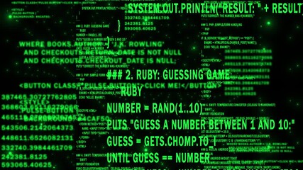 Green color network programming and data code scrolling, computing and digital interface structure digital background - Powered by Adobe