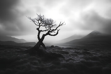Solitary Tree in Misty Mountain Landscape &ndash; Black and White Nature Drama.
