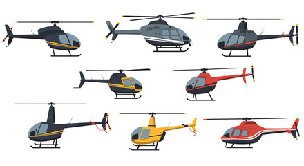 Collection of nine cartoonstyle helicopters in side profile views © Faisal