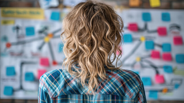 Pensive woman from behind planning business strategy project. Focused person looking at workflow board with sticky notes in creative office
