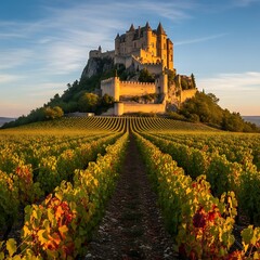 Ch?teau de Brissac over Vineyards at Sunset in Loire Valley.