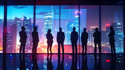 Silhouettes of business professionals observe a vibrant cityscape at night from a high-rise window. - Powered by Adobe