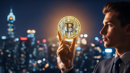 Man holding a glowing bitcoin digital coin with city skyline at night, cryptocurrency investment concept footage. - Powered by Adobe