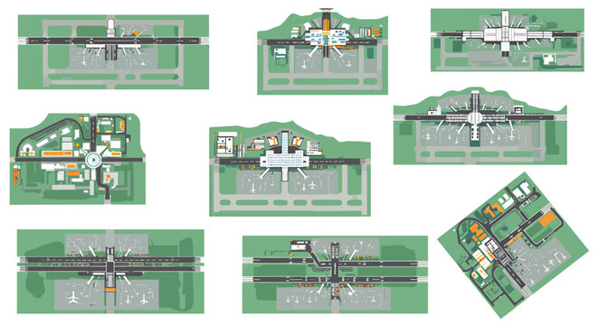 Collection of nine topdown stylized vector illustrations of airport layouts