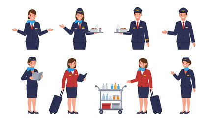 Obraz premium Eight airline staff figures in various poses including serving and guiding