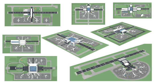 Collection of topdown and isometric views of varied airport terminal layouts and runways