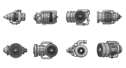 Eight grayscale illustrations of various mechanical jet or turbine engines
