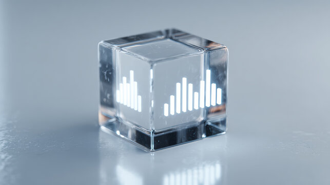 Single translucent cube with futuristic glowing graph inside represents data analysis, modern concept of business technology and innovation