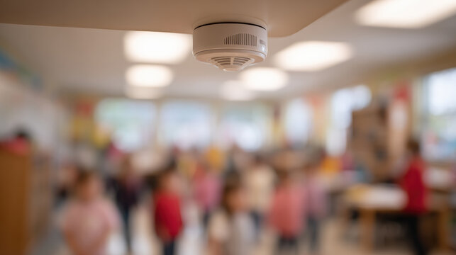 Watchful smoke detector in sharp focus on classroom ceiling provides safety and protection for children learning in blurred background - Powered by Adobe