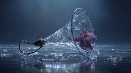 Obraz premium Surreal ice sculpture megaphone with sad purple flower inside. This conceptual art object slowly melting in atmospheric rain outdoors