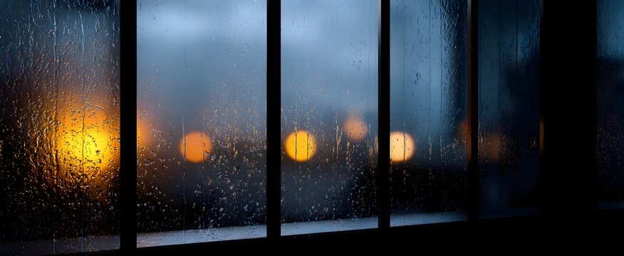 The windowpane glistened with thick pouring rain in the fierce storm outside