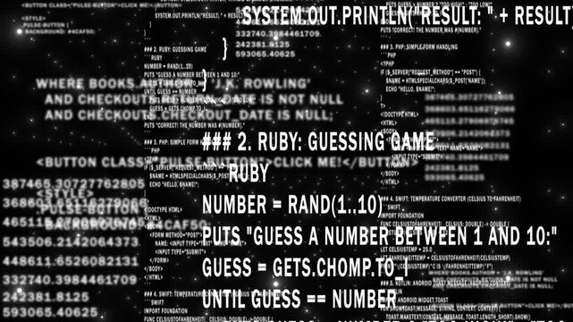 White and Black color network programming and data code scrolling, computing and digital interface structure digital background