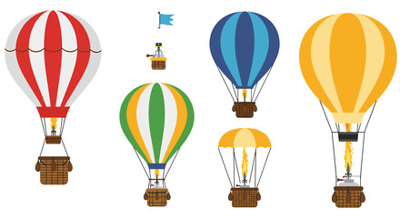 Five hot air balloons flag and burner icons on a white background © Faisal