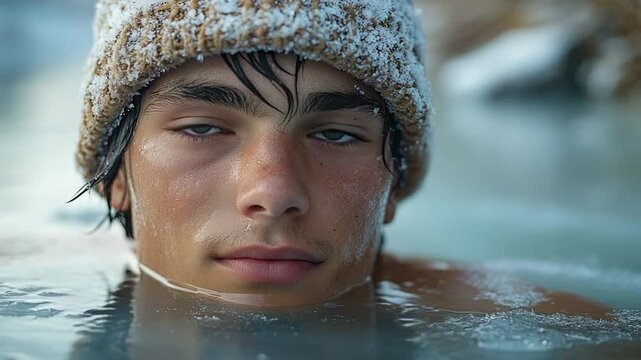 A person swimming in the water while wearing a hat, suitable for use in images about water activities or fashion accessories