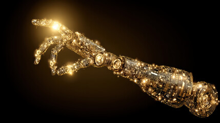 Glowing gold robot hand representing future of technology and ai. magical touch of light showing flow of data and powerful connection
