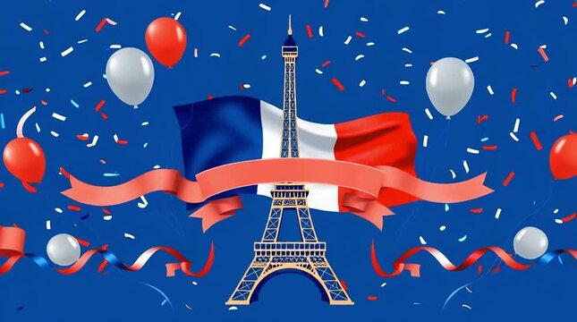 Celebration of French Culture with Eiffel Tower, French Flag, Balloons, and Colorful Ribbons on a Festive Blue Background
