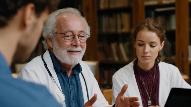 A seasoned doctor and a young professional discuss in a library, illustrating the importance of knowledge sharing and mentorship in the medical field.
