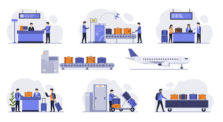 Illustration of various scenes depicting airport checkin security baggage handling and aircraft