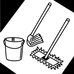 Wet Mop and Flat Mop with Bucket in Retro Black and White Vector Style as Essential Cleaning Tools for Floor Maintenance, Hygiene, and Housekeeping Work