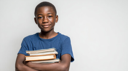 Smiling African descent teenage boy with dark hair, wearing a blue T-shirt holding a stack of books with both hands standing in front of a white background. Generative AI