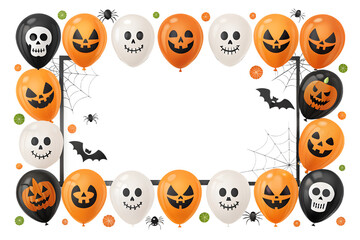 Obraz premium Halloween balloon border with spooky pumpkin faces, skulls, bats and spiders on a transparent PNG background. Festive trick-or-treat frame for posters, party invitations, banners or social media templ