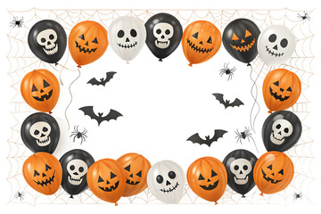 Obraz premium Halloween balloon border with spooky pumpkin faces, skulls, bats and spiders on a transparent PNG background. Festive trick-or-treat frame for posters, party invitations, banners or social media templ