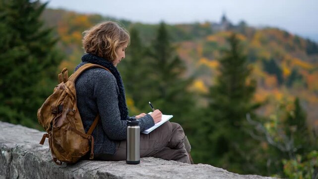 A woman sits outdoors, journaling peacefully while surrounded by a vibrant autumn landscape, blending creativity with nature to inspire contemplation and thought.