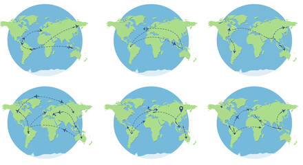 Six circular world map illustrations showing various airplane flight paths © Faisal