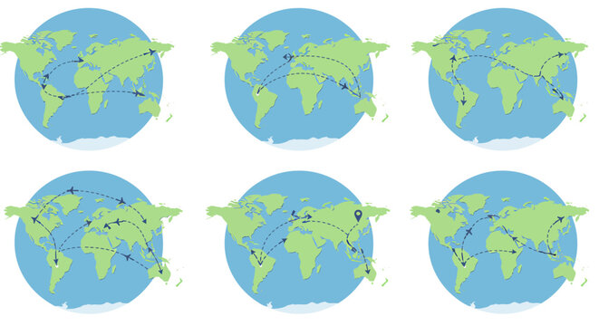 Six circular world map illustrations showing various airplane flight paths