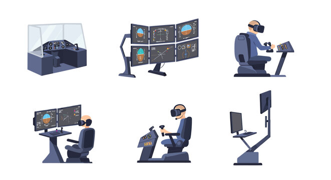 Six illustrations of flight simulation setups including cockpits multimonitor displays and VR users