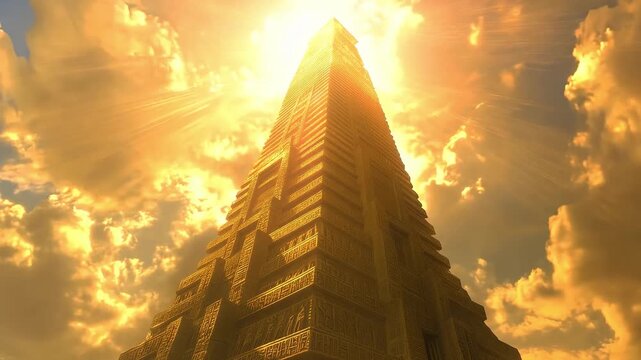 A tall Babylon tower rises toward the sky as golden light from the setting sun illuminates the structure and clouds around it