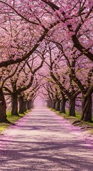 Naklejka premium Cherry Blossom Path - A Serene Springtime Walkway.