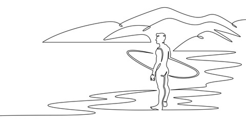 Continuous single line drawing Surfer on the seashore. Surfer with a board against a rocky landscape. Surfing in the ocean. Linear . One continuous line isolated minimalist illustration. Not AI.