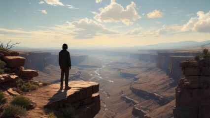 Fototapeta premium Lone figure on cliff edge overlooking vast canyon landscape under cloudy sky.