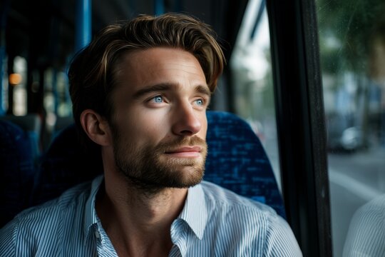 Handsome man with blue eyes gazing out the bus window in striped shirt, deep in contemplation. Concept for commuting, personal reflection and travel inspiration - Powered by Adobe