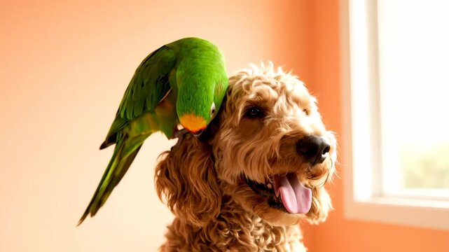 A cute green parrot sits on a happy goldendoodle dog's head. The bird nuzzles the dog's fur in a funny interaction. Unlikely animal friendship and pet companionship concept