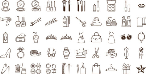 Beauty and fashion icon set, makeup, cosmetics, hairstyle, accessories, dress, jewelry, sewing tools, skincare, luxury, and glamour elements.