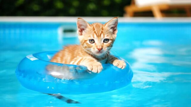 Ginger kitten floating in blue pool with inflatable ring