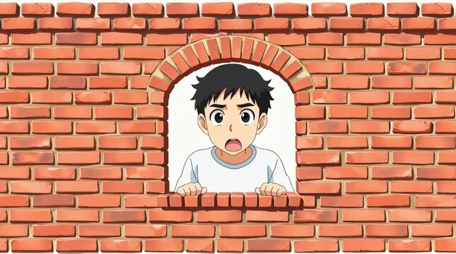 Boy Peeking Through Brick Wall Illustration in Bright Colors with Cartoon Style Elements and Expressive Features