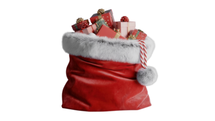 Full red santa claus sack overflowing with wrapped christmas presents and candy canes isolated on transparent background
