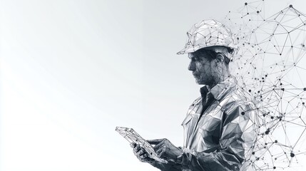 Digitalized engineer wearing hard hat using a tablet with a network connection dispersing, concept for infrastructure analysis, construction technology and engineering advancement