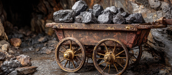 Obraz premium Minecart loaded with coal in a dark cave opening