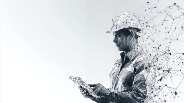Digitalized engineer wearing hard hat using a tablet with a network connection dispersing, concept for infrastructure analysis, construction technology and engineering advancement