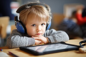 Young Child with Headphones Learning on Digital Tablet